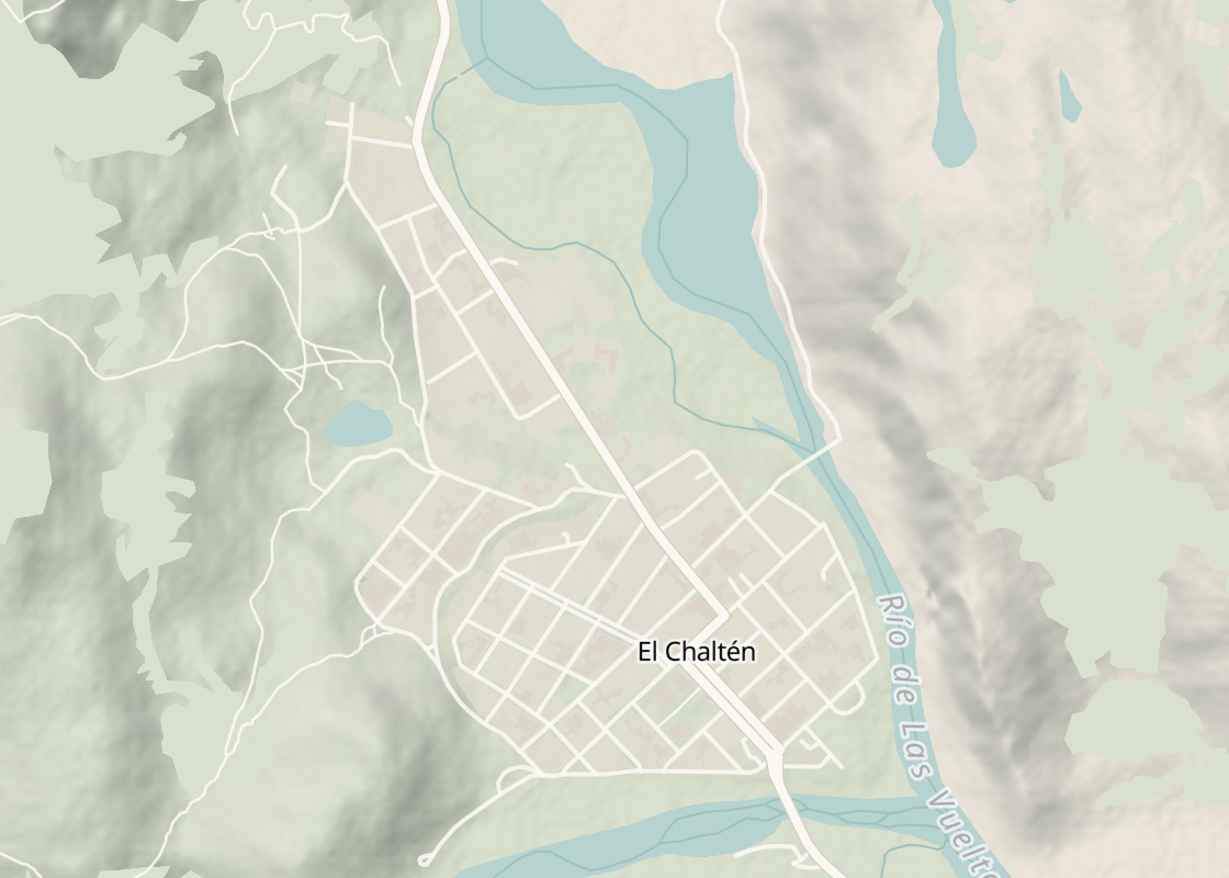 Mapa de El Chaltén con sus calles y el río de las Vueltas